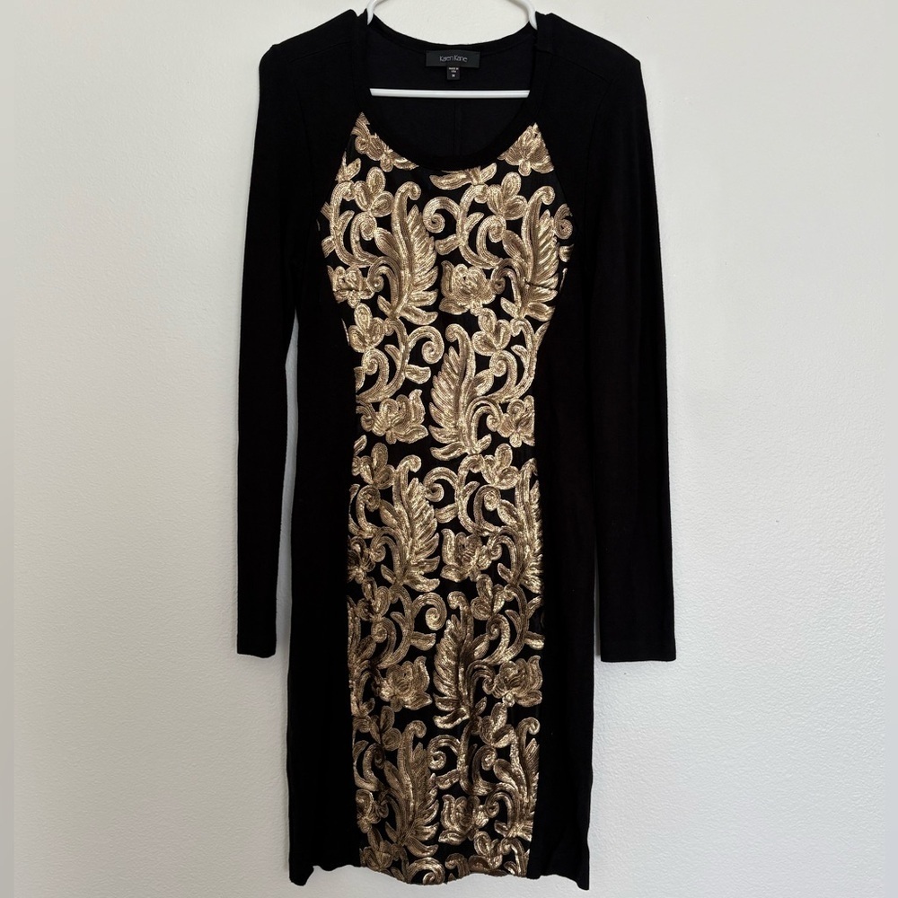 Karen Kane Black Long-Sleeve Dress with Gold Sequin Front Panel Size Medium